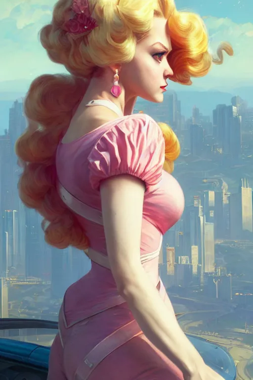 Image similar to gta 5 princess peach profile picture by greg rutkowski, dynamic pose, intricate, futuristic, fantasy, elegant, by stanley artgerm lau, greg rutkowski, thomas kindkade, alphonse mucha, loish, norman rockwell, fantasy lut, asymmetric, long hair, retro computer graphics, video game, fluid lines,