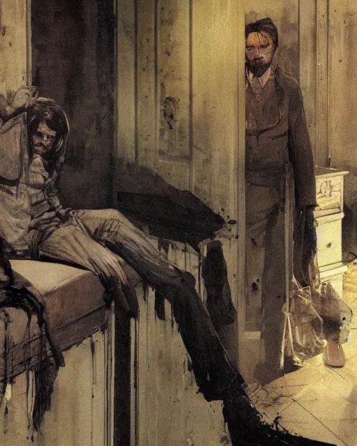 Prompt: two handsome but creepy siblings in layers of fear, with haunted eyes, 1 9 7 0 s, seventies, wallpaper, a little blood, moonlight showing injuries, delicate embellishments, painterly, offset printing technique, by coby whitmore, jules bastien - lepage