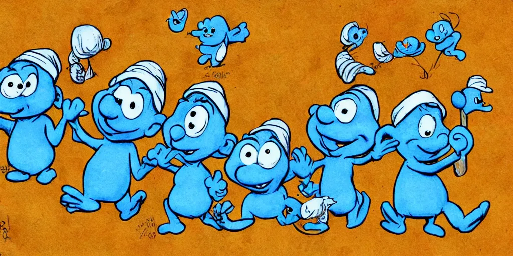 Image similar to smurfs found in snails with a sunrise and road landscape with lynxes and teeth in pen drawing style and pencil color