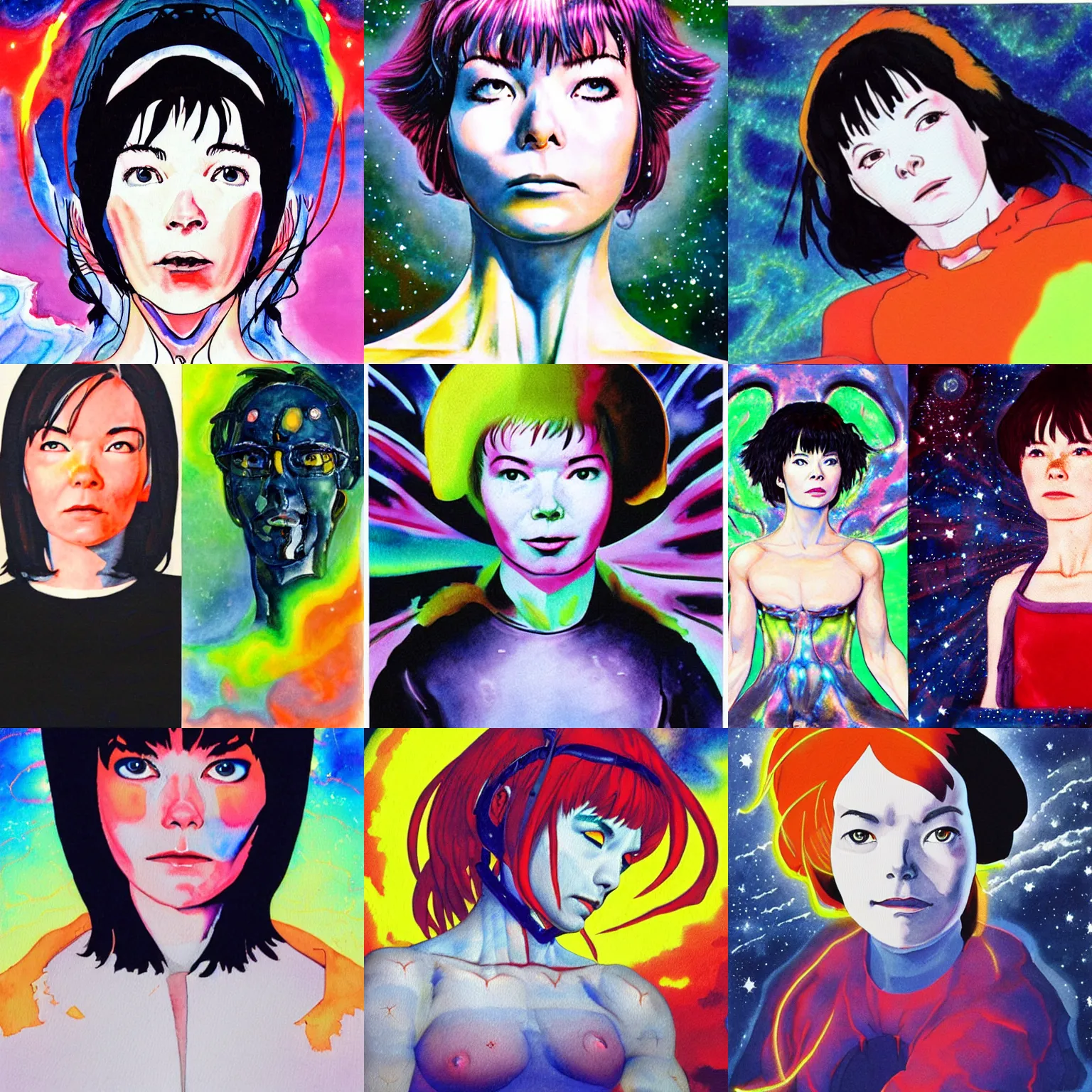 Prompt: bjork in neon genesis evangelion, photorealistic portrait of bjork's face, bjork is a cosmic space angel, bjork painted in watercolor by william blake, 1 8 2 6.