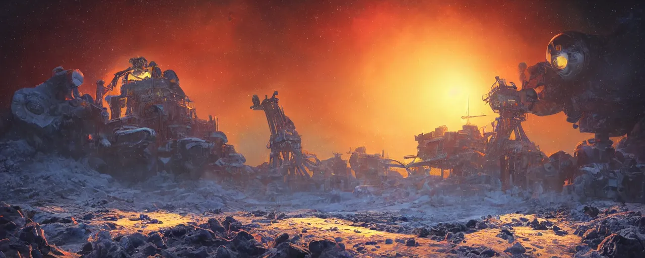 Image similar to outer planet covered with ice, steam shovel mining, art by paul lehr, cinematic, detailed, epic, widescreen, opening, establishing, matte painting, photorealistic, realistic textures, octane render