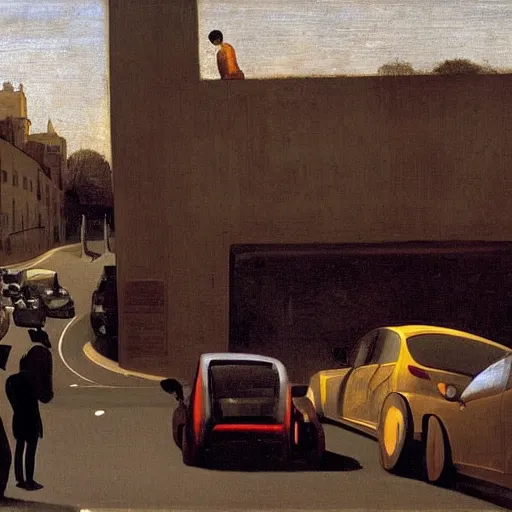 Image similar to a man in his car queuing in traffic at dusk, angry at other motorists, in the background the queue of cars, painted by caravaggio