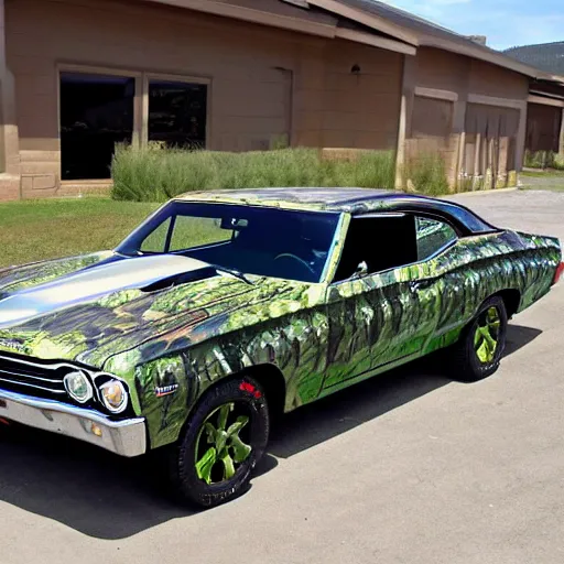 Prompt: camo 6 7 chevelle with a tank turret on top