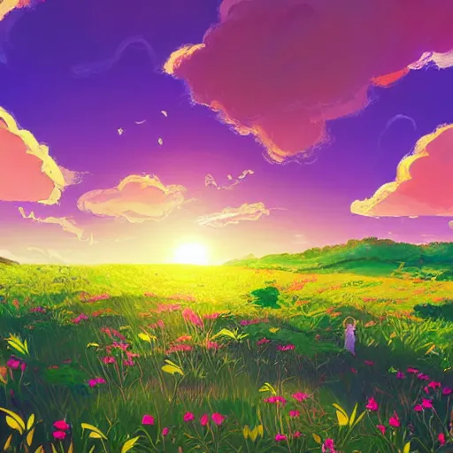 Image similar to green lush Field with beautiful flowers, aesthetic, calming, pink and yellow clouds in the sky, brightly illuminated by rays of sun, Clouds backlit by the sun, sunset ,artstation, colorful sylvain sarrailh illustration, by peter chan, day of the tentacle style 1024x768