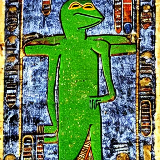 Image similar to kermit as an ancient egyptian hieroglyph, colorized