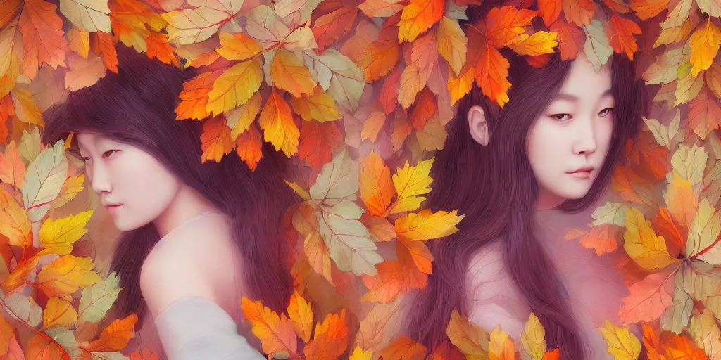 Image similar to breathtaking detailed concept art painting pattern blend of autumn leaves and girls, by hsiao - ron cheng, bizarre compositions, exquisite detail, pastel colors, 8 k