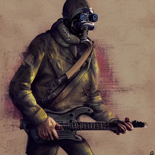 Image similar to stalker plays electric guitar, style of the game stalker, the background of the chernobyl nuclear power plant, smokes a cigar, 8 k, artstation