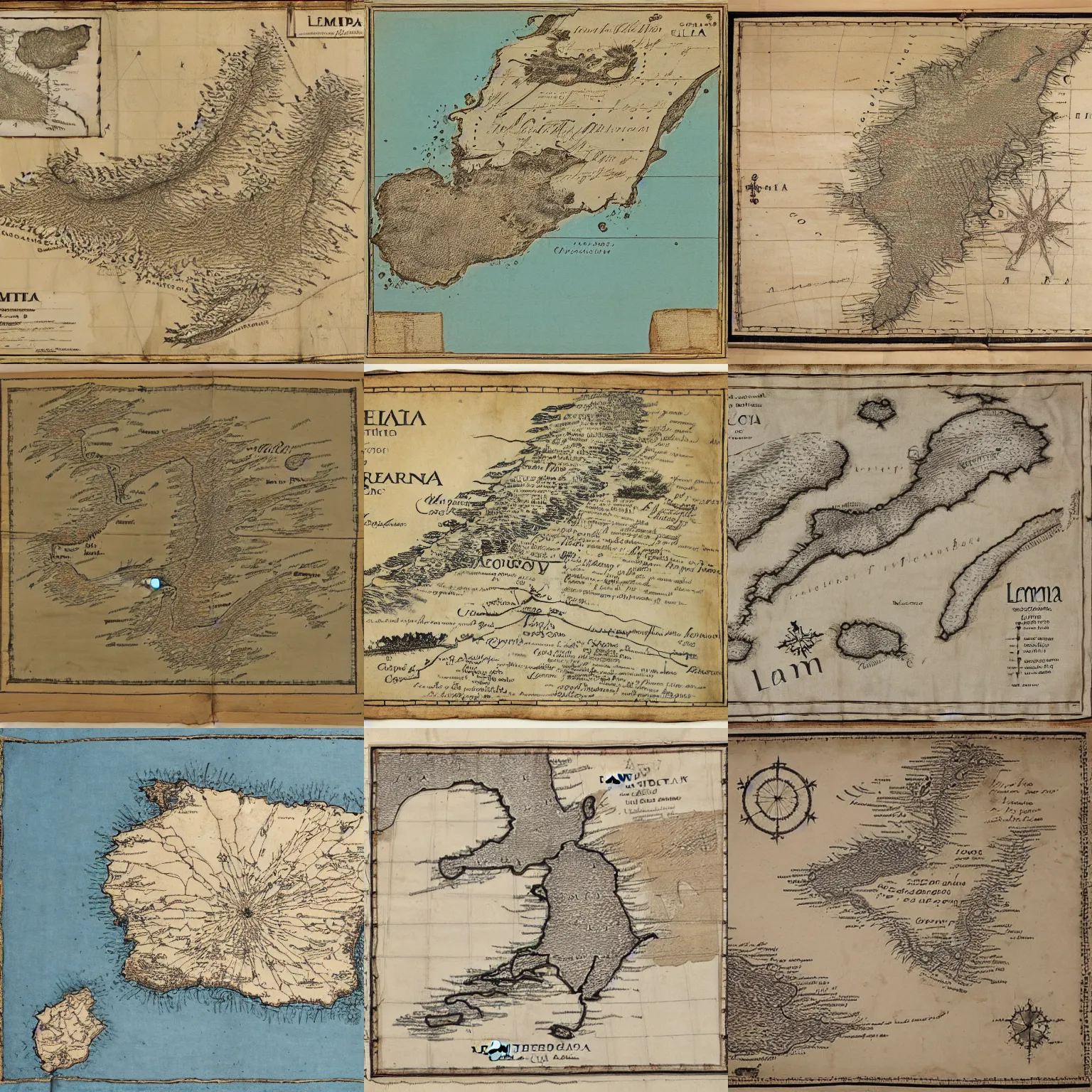 Prompt: detailing Map of Lemneia island written on parchment with ink