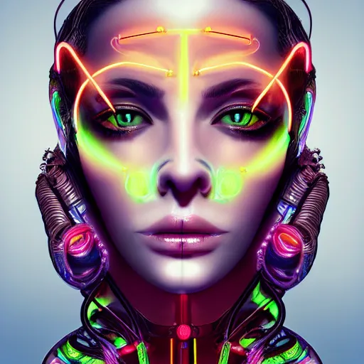 Prompt: very beautiful woman, bionic pupils, full face frontal centered, portrait, detailed intricate symmetrical ornate neon cables connected to head, clear lips, luxurious long hair, sophisticated futuristic neon wiring and implants, translucent, porcelain, fractal, sci fi, dramatic lighting, photography, highly detailed, artstation, deviantart, 8 k, by chie yoshii