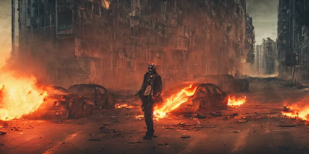 Image similar to post - apocalyptic city streets, close - up shot of an anarchist with a gasmask, burning cars, explosions, acid color smoke, hyperrealistic, gritty, damaged, urban photography, photorealistic, high details