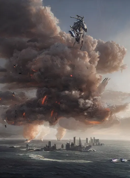 Image similar to hyper realistic squid robot attacking cape town city, table mountain explosions, atmospheric beautiful details, strong composition drawn in ink by kim jung giu weta studio rutkowski, james gurney and greg rutkowski, and lucasfilm