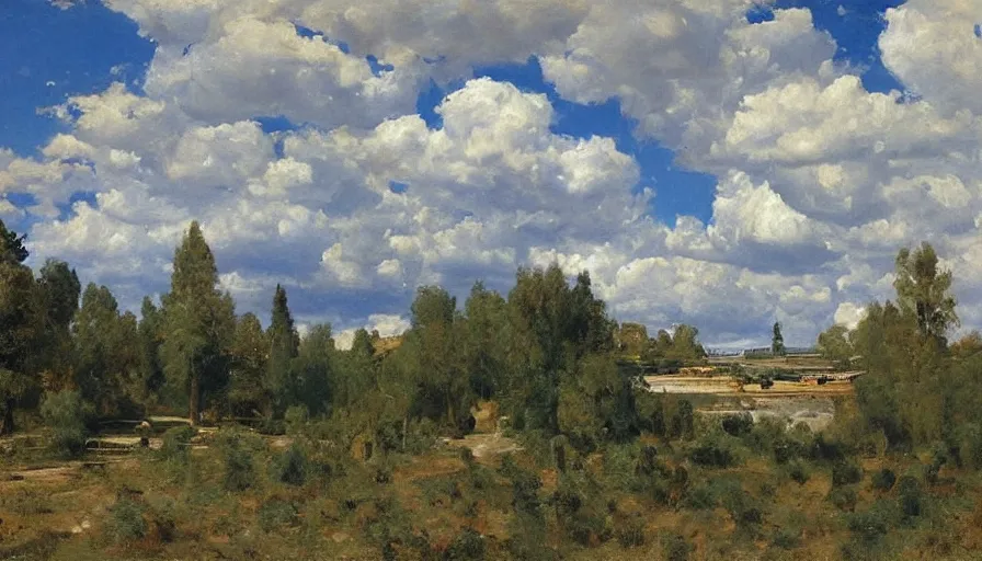 Image similar to a beautiful blue sky with white fluffy clouds by eugene von guerard, ivan shishkin, john singer sargent