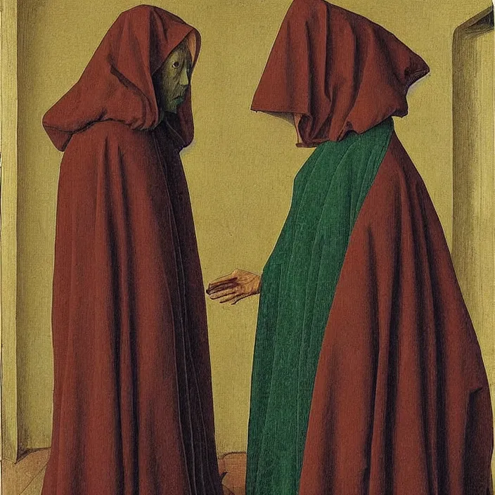 Prompt: an alien wearing a hooded cloak, by Jan van Eyck