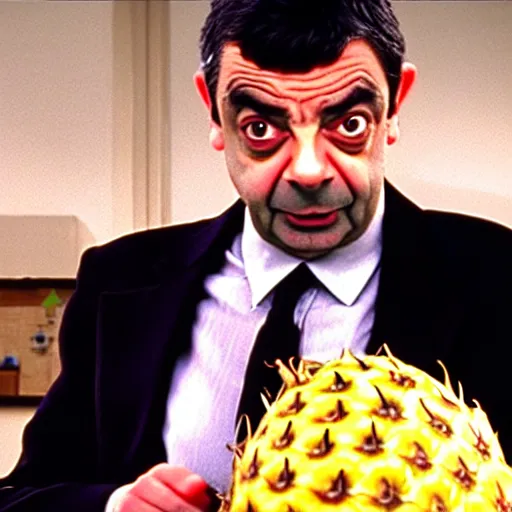 Prompt: rowan atkinson as mr. beans stealing a pineapple from a target store, johnny english, black adder, focused face, realistic photo, uhd