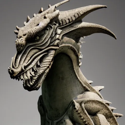 Prompt: A statue of a dragon head, the head has legs, but no body.