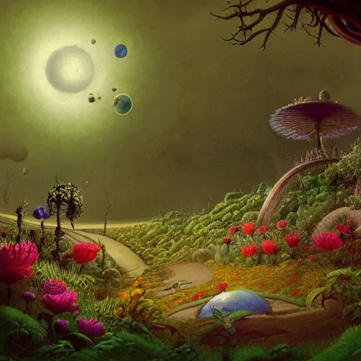 Prompt: a garden on the moon, 8 k, lowbrow, in the style of martin johnson heade, roger dean and alexander jansson, artstation,