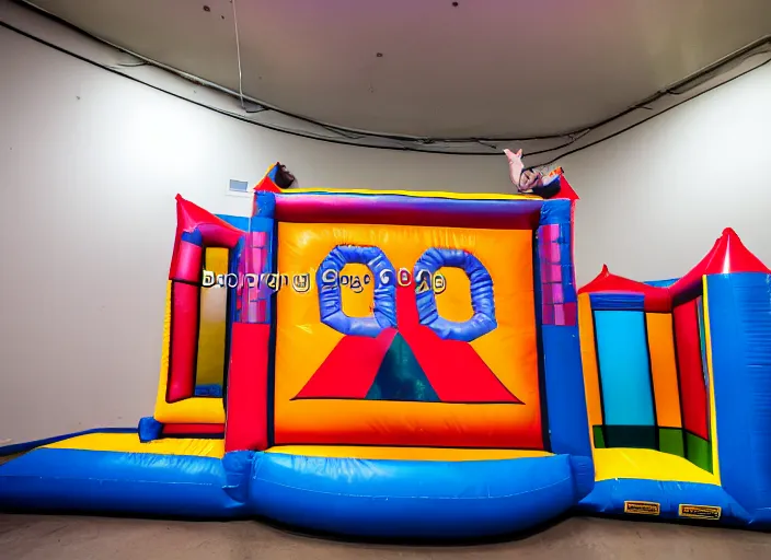 Prompt: photo still of a bounce house in prison!!!!!!!! at age 3 6 years old 3 6 years of age!!!!!!!! inmated jumping in it, 8 k, 8 5 mm f 1. 8, studio lighting, rim light, right side key light