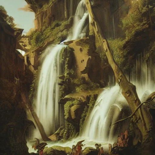 Prompt: A beautiful collage of a waterfalls going into a city. lithograph by Roberto Ferri, by Chip Zdarsky decorative