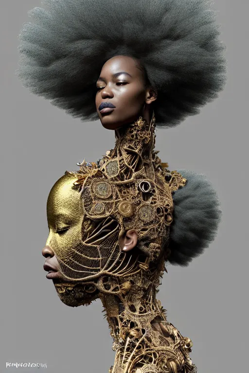 Prompt: complex 3d render ultra detailed of a stunning beautiful porcelain profile afro woman face, biomechanical cyborg, analog, 150 mm lens, beautiful natural soft rim light, big leaves and stems, roots, fine foliage lace, Alexander Mcqueen high fashion haute couture, earring, rococo, art nouveau fashion embroidered, steampunk, intricate details, satin silver beautiful gold metal details, mesh wire, mandelbrot fractal, anatomical, facial muscles, cable wires, microchip, elegant, hyper realistic, ultra detailed, octane render, H.R. Giger style, grey nuances in her curly hair, volumetric lighting, 8k post-production