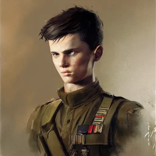 Image similar to Closeup painting of a young man with short brown hair and blue eyes, wearing a military outfit, by Greg Rutkowski