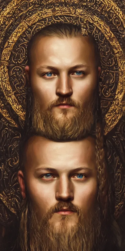 Prompt: a stunning and noble highly detailed romantic period style portrait of the Viking king Ragnar Lothbrok by Josep Tapiró Baró, trending on artstation, oil painting masterpiece, symmetry, fractals, Norse iconography