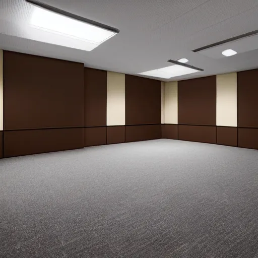 Image similar to an ominous endless space of empty connecting rooms with vanilla colored wallpaper and brown carpet, no windows