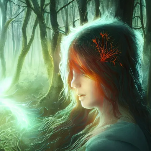 Image similar to magical astonishing dark forest is protected by an indigenous girl, her hair glows on fire as she protects the forest with her fire powers. trending on artstation, splash art hyper-detailed, 4K