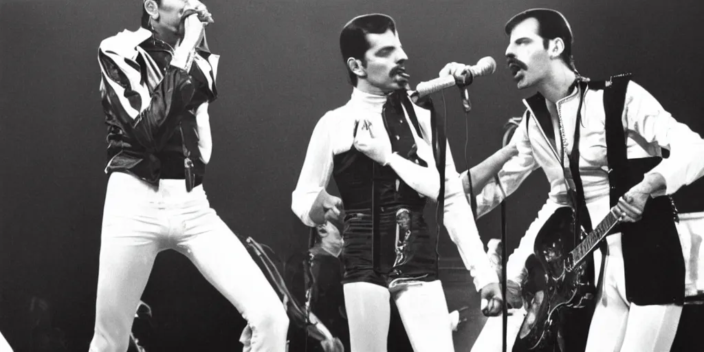 Image similar to freddie mercury and david bowie perform together on stage at a music festival