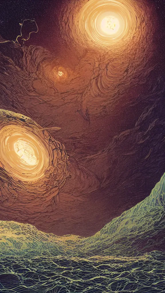 Image similar to highly detailed illustration of two planets colliding at night as seen from the beach by kilian eng, moebius, nico delort, oliver vernon, joseph moncada, damon soule, manabu ikeda, 4 k resolution
