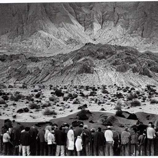 Image similar to paleozoic by ansel adams ultradetailed. a beautiful photograph of a group of people standing in a line. they are all facing the same direction & appear to be waiting for something.