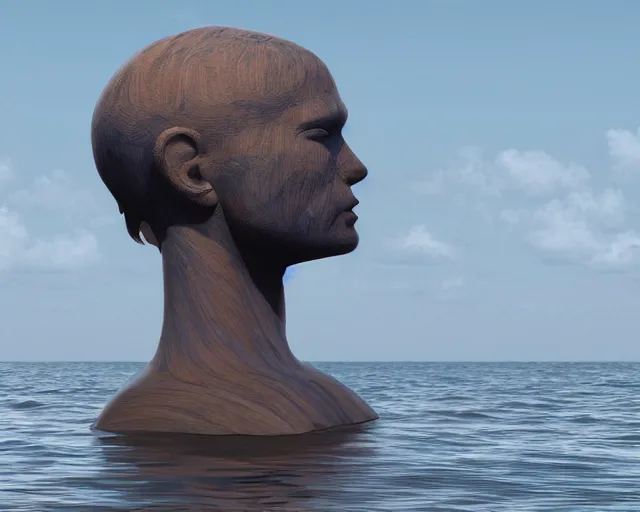 Image similar to a giant abstract sculpture of a human head on the ocean water, in the style of chad knight, award winning, cinematic, hyper - realistic, very detailed, realistic water splashes, ray tracing, 8 k resolution, long - shot, sharp focus, low angle, 8 5 mm photograph, wide lens