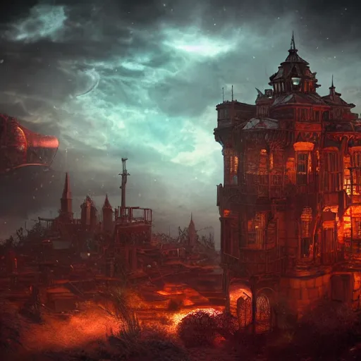 Image similar to a flying steampunk fortress, intricate, behrens style, octane render, fantasy digital art, beautiful composition, trending on artstation, night, meteors, red lightning!!!, red lightning, red lightning, dramatic lighting, snowstorm, eldritch