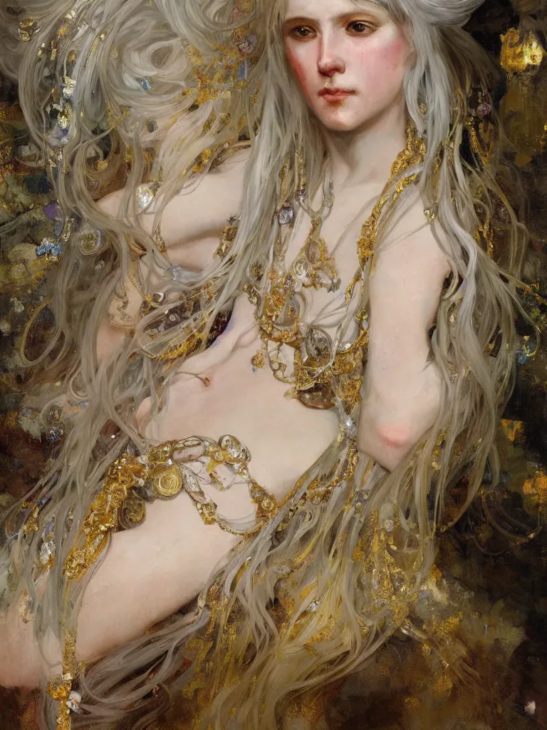 Prompt: a highly detailed beautiful white haired woman, adorned with precious stones and thin gold tendrils, by jeremy mann and alphonse mucha, 8 k resolution, trending on artstation, very very detailed, masterpiece, stunning, intricate,