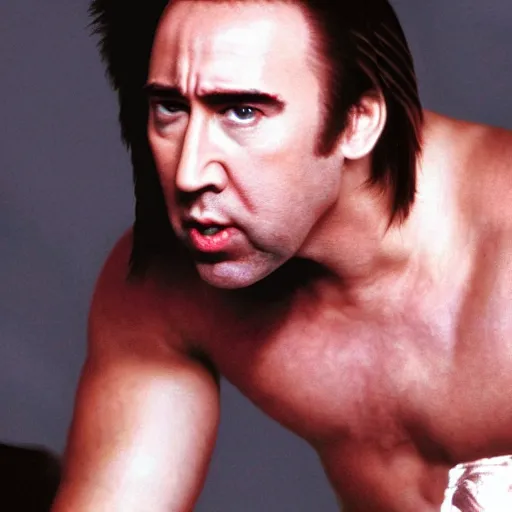 Image similar to buff nic cage playing cloud strife, movie still, digital photography, high quality