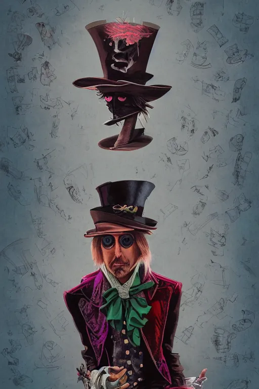 Image similar to tom petty as the mad hatter, contrast, kim jung gi, greg rutkowski, zabrocki, karlkka, jayison devadas, trending on artstation, 8 k, ultra wide angle, zenith view, pincushion lens effect