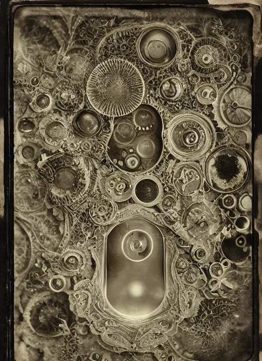 Image similar to old wetplate daguerreotype invention of entrophy, explosion of data fragments, fractal, intricate, elegant, highly detailed, parallax, leica, medium format, subsurface scattering, by joan eardly