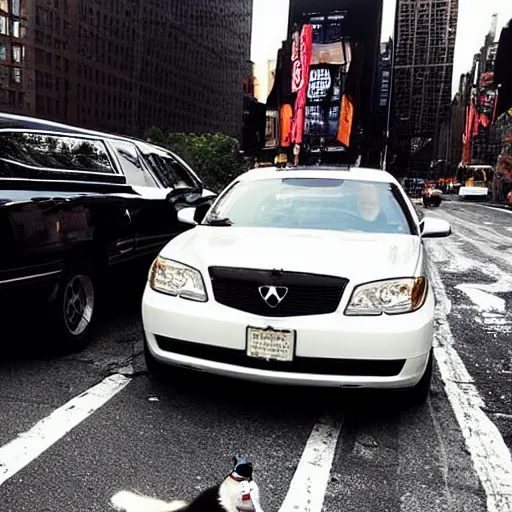 Prompt: “a black cat drives a white limo during rush hour in New York, professional photography”