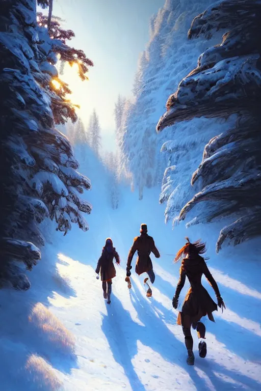 Image similar to a two hunter and huntress running away from a one beautiful giantess on the winter valley, toward to the camera, scared face, dramatic pose, intricate, highly detailed, detailed face, smooth, sharp focus, environmental light, rim light, artgerm, greg rutkowski, ilya kuvshinov, rossdraws, aesthetic fantasy illustration