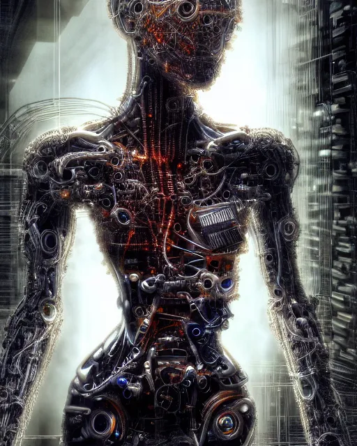 Image similar to portrait photo of a biomechanical torso of a cyborg plugged into a quantum computer with cables and wires and optic fibers. cyberpunk horror style. art by luis royo. highly detailed 8 k. intricate. nikon d 8 5 0 5 5 mm. award winning photography.