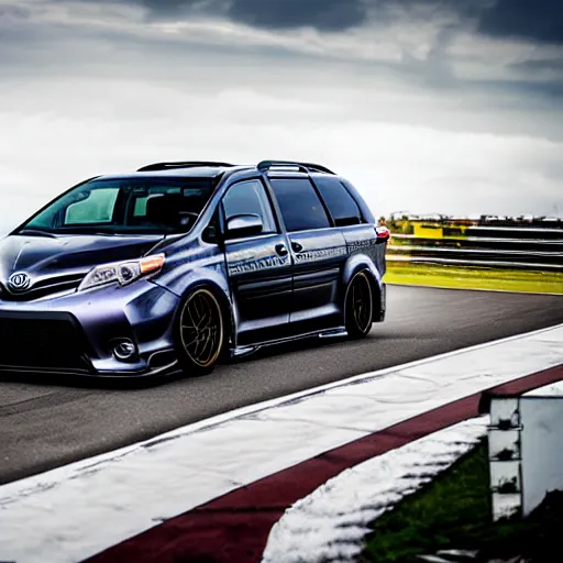 Image similar to Toyota Sienna with racing tires and racing livery, widebody kit, drifting through nurburgring, cinematic photography