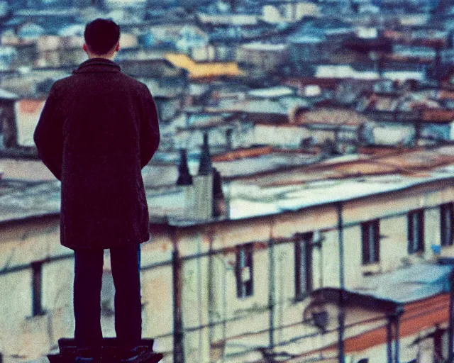 Image similar to lomo photo of man standing on the roof of soviet hrushevka, small town, cinestill, bokeh, out of focus