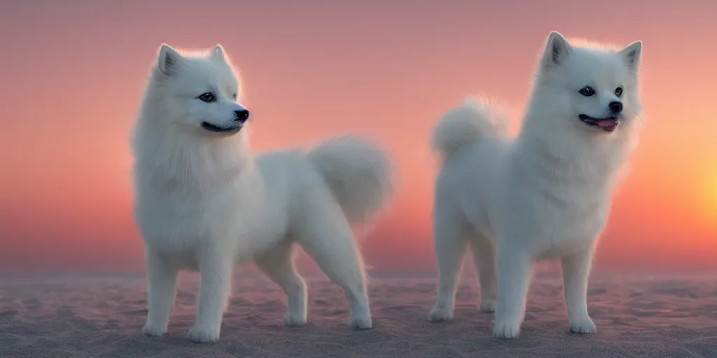 Image similar to a closeup photorealistic photograph of japanese spitz on the beach at sunset. this 4 k hd image is trending on artstation, featured on behance, well - rendered, extra crisp, features intricate detail and the style of unreal engine. golden hour