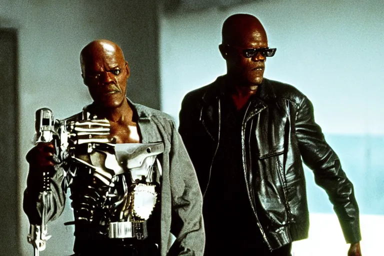 Image similar to Samuel L. Jackson plays Terminator and his endoskeleton is visible, action scene from the film