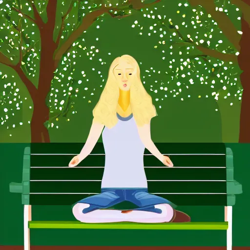 Prompt: a full - frame illustration of young woman with long blond hair sitting on a green bench with her head in her hands, digital art