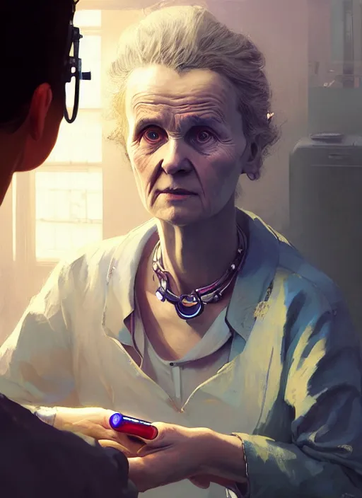 Image similar to highly detailed portrait marie curie getting vaccinated in gta v, stephen bliss, unreal engine, fantasy art by greg rutkowski, loish, rhads, ferdinand knab, makoto shinkai and lois van baarle, ilya kuvshinov, rossdraws, tom bagshaw, global illumination, radiant light, detailed and intricate environment