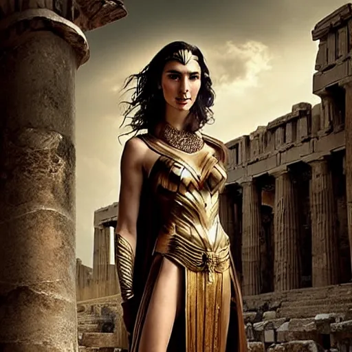 Image similar to Full body oil painting of the beautiful woman Gal Gadot, she is wearing some withe ancient roman cloths and a surreal ornate, her hair is natural disheveled, she is approaching heaven, she is in the Parthenon in Athens while people are claiming for her, she is attracting lightnings, naturalism, dramatic lighting, high-detailed oil painting by Ilya Repin, Michelangelo da Caravaggio, William Blake, Alex Grey and Beksinski, trending on Artsatio, hystorical painting, masterpiece, 4k, 8k,