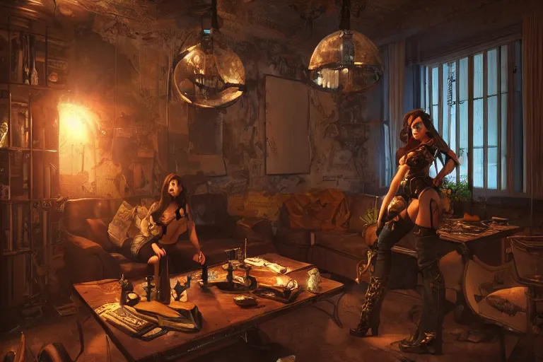 Prompt: beautiful women in the interior of a steampunk apartment, by Joe Madureira, 3d scene, render, ultra realistic, ray tracing, night time, volumetric light, artstation, cgsociety, level design, unreal engine, 3d scene, zenith view