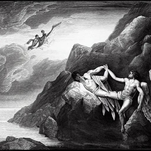 Image similar to A biblical painting of Jacob suplexing an angel at the top of a mountain by Gustave Doré, black and white palette, Scenic, Dramatic, beautiful shore in background, detailed, suplex, wrestling