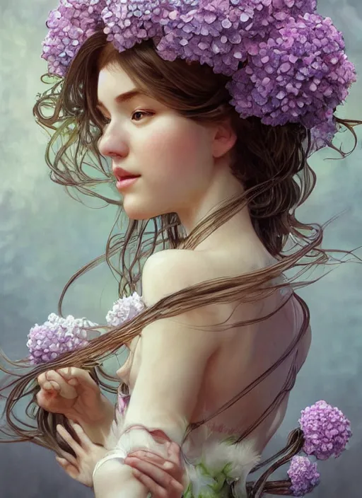 Image similar to realistic photographic perfect portrait of a anthropomorphic hydrangea blossom, fantasy, wind blowing hair, intricate, elegant, highly detailed, digital painting, artstation, concept art, smooth, super sharp focus, illustration, art by artgerm and h r giger and alphonse mucha