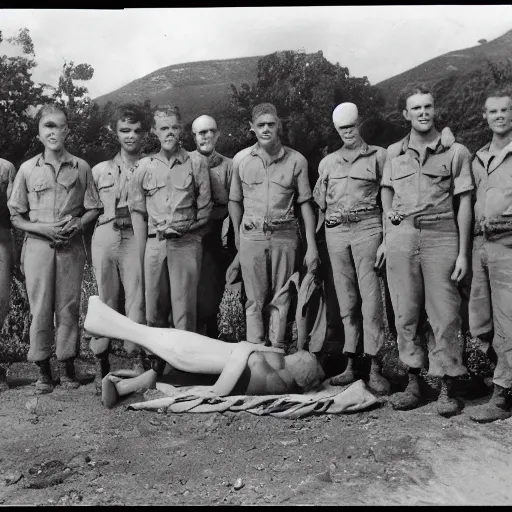 Prompt: group of soldiers posing by the dead body of an alien, 1 9 4 7, black and white